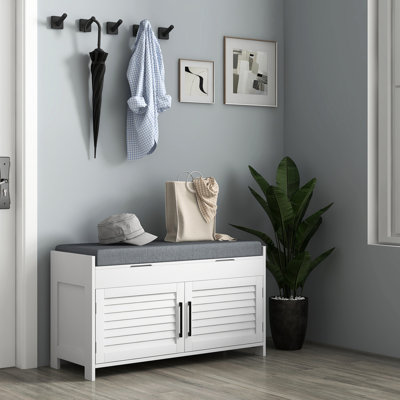 White Shoe Storage Bench, Entryway With Hidden Compartments, Cushioned Seat, Adjustable Shelves, Shutter Doors, 352 Lbs Weight Limit Organizer Bench - White, Storage, Cushion, Load Capacity For