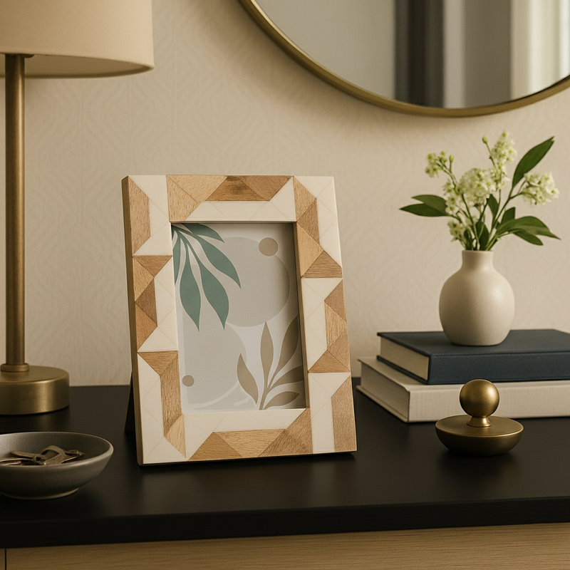Cadre photo décoratif à deux tons avec bordure géométrique - Cadre photo Boho pour table d'appoint de chambre à coucher ou décoration de salon - Blanc et brun