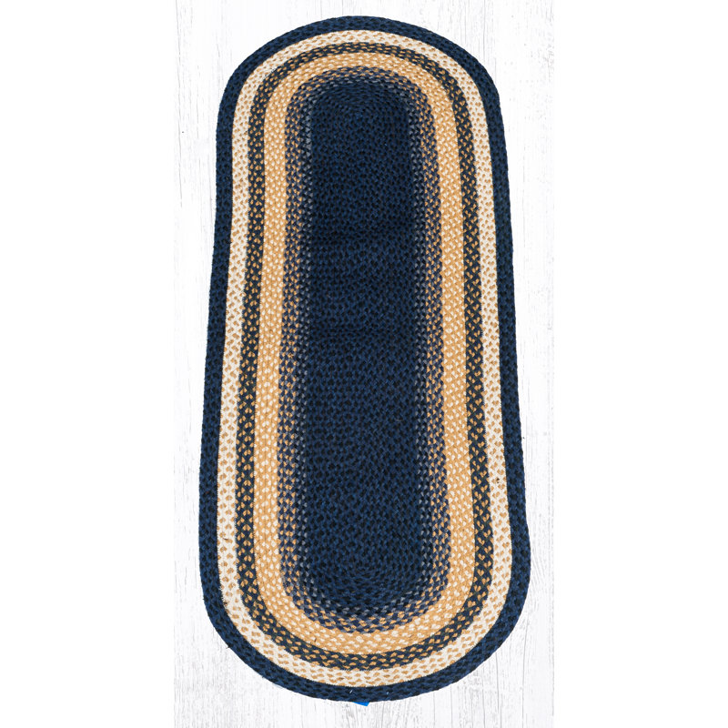  Light Blue, Dark Blue & Mustard Oval Braided Rug – Handcrafted Quality, Oval Runner 2' x 6'