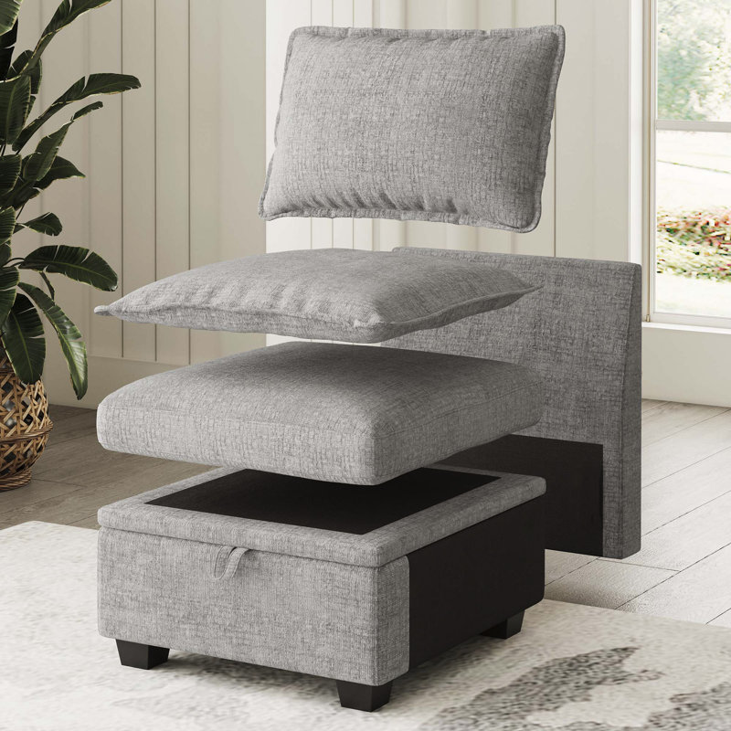 Luna Chenille Single Seat Armless Storage Chair For Modular Sofa, Gray Chenille