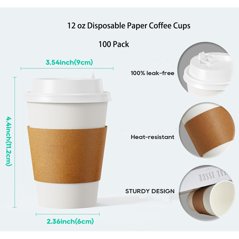 Paquet de 100 tasses à café en papier 12 oz, tasse à café en papier jetable avec couvercles, manchons pour les magasins et les cafés