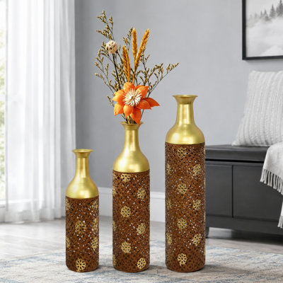 3-Piece Nesting Metal Floor Vase Set, Rustic Brown and Gold Decorative Vases for Living Room and Entryway