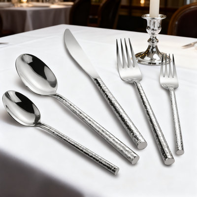 Hand-Forged 18/10 Stainless Steel Flatware Set 40-Piece Service For 8 With Hammered Handle And Mirror Finish Heavy Duty Silverware Cutlery Set