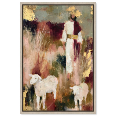 Tableau encadré sur toile « Dans la prairie », œuvre d'art chrétienne par Art Remedy, cadre en chêne naturel, 30 x 45