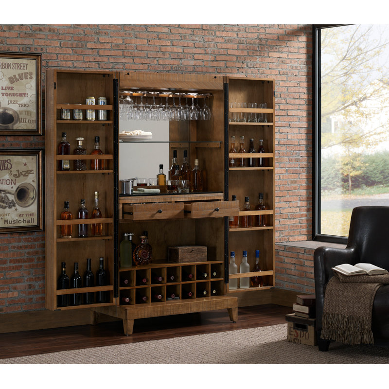 Armoire de bar American Heritage Braxton - Bois massif avec rangement pour le vin, miroir, porte-verres à pied et tiroirs
