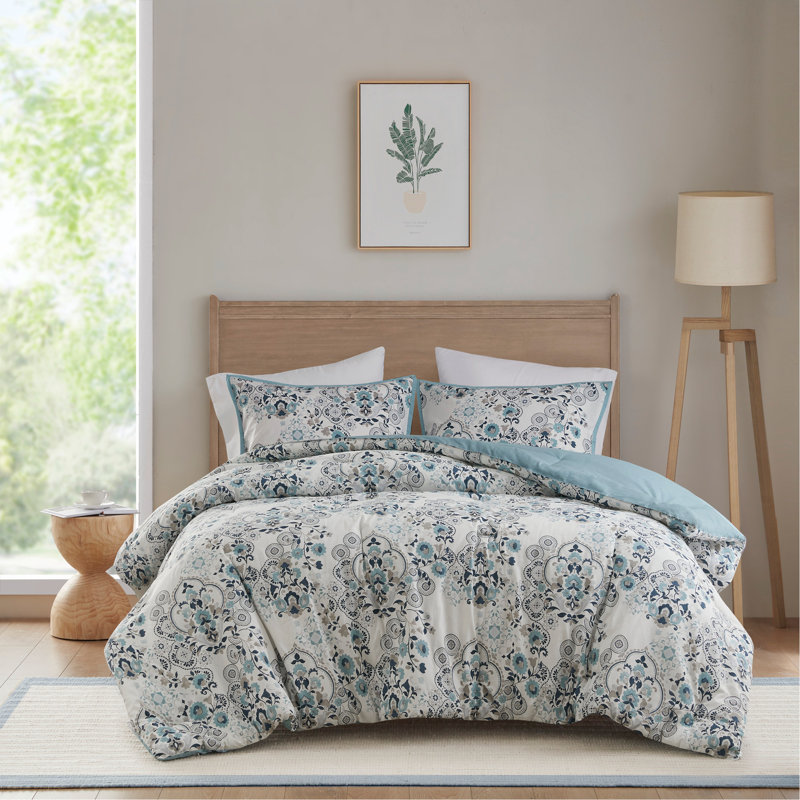 Ensemble d'édredon en coton imprimé floral 3 pièces bleu très grand / très grand californien