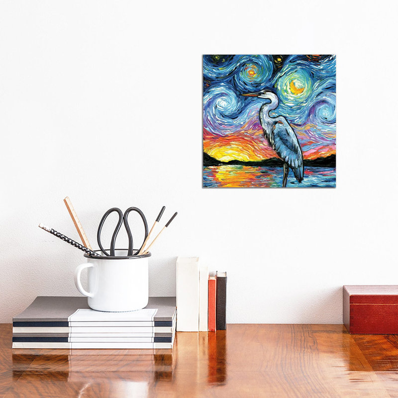 Héron bleu - reproduction d'art sur toile tendue, H 12 po x l 12 po