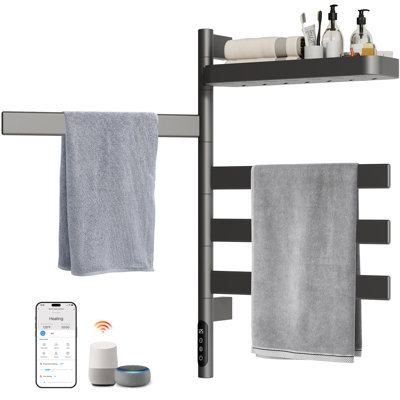 ENZE Smart Rotating Heated Towel Rack for Bathroom, 4-Bar Wall-Mounted Electric Towel Warmer 100W with Swivel Shelf, Wi-Fi App Control, 24H Timer, Stainless Steel, IPX5, Hardwired/Plug-in, Gray
