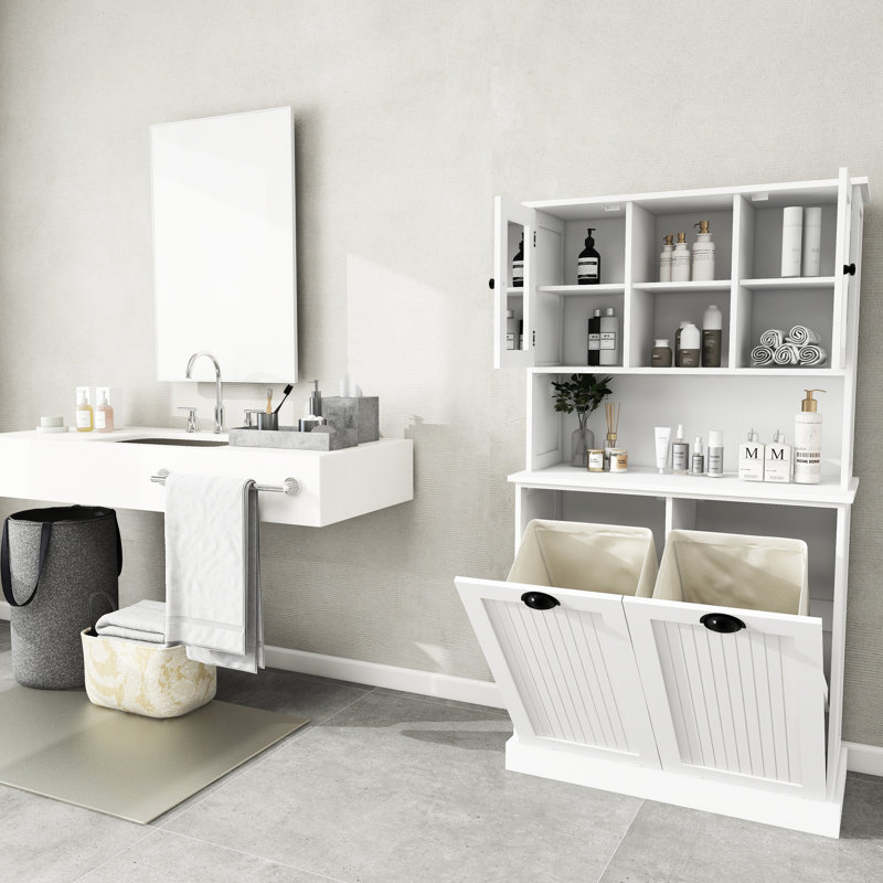 Tall Bathroom Storage Cabinet. Made Of E1 , 150Lbs Load. Double Function With Adjustable Shelves. Organize Laundry Removable Bags. Stylish Square Handle. Painted Surface For A Lasting Look.