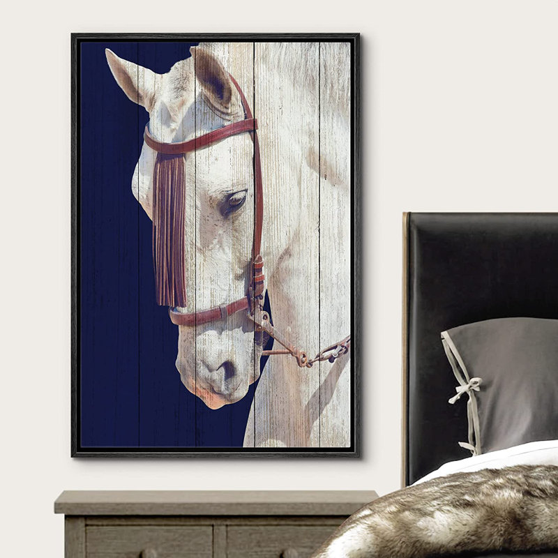 "Cheval de course", cheval sur étalon blanc - cadre flottant, impression sur toile, H 36 po x l 24 po x P 1,5 po, Cadre noir