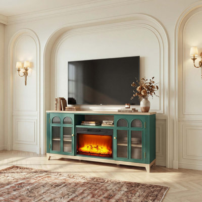 Meuble télé avec foyer électrique pour téléviseur de 65 po ou moins, console multimédia avec foyer de 23 po, armoires de rangement, luminosité de flamme réglable, télécommande et radiateur de 1 400 W