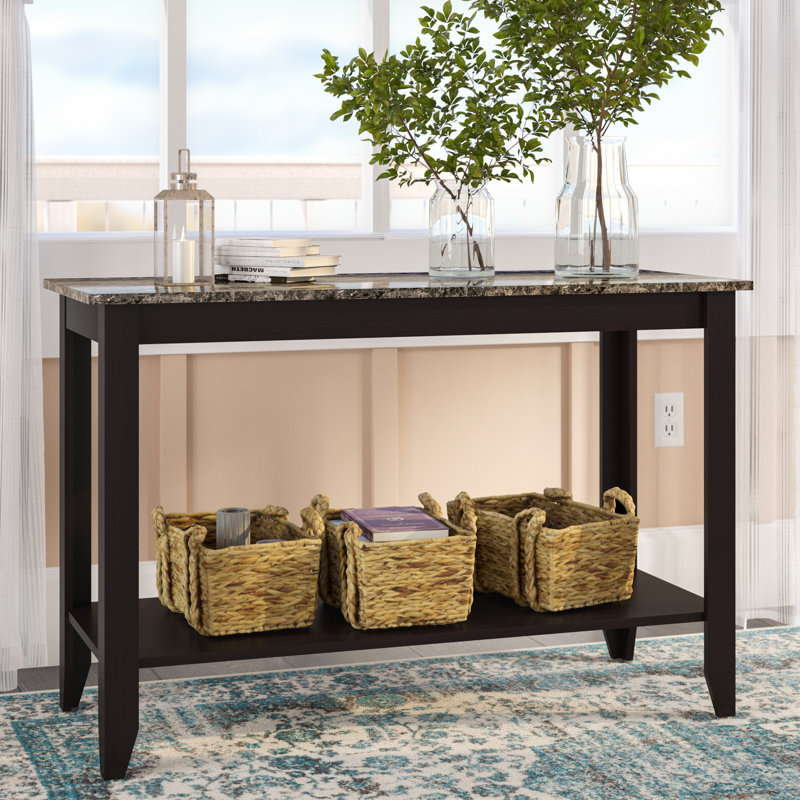 Table d'appoint Winkel étroite en stratifié brun d'apparence marbre de style contemporain, parfaite comme console ou table de canapé, dans un vestibule, un salon ou une chambre à coucher