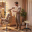 Tabouret roulant, chaise pivotante en similicuir, brun