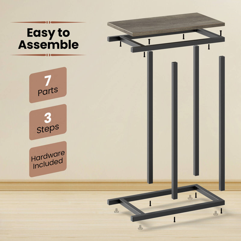 Table d'appoint industrielle en forme de C avec structure en métal robuste, Gris