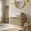 Meuble-lavabo flottant courbé moderne avec plateau en pierre frittée Roma Travertine, armoire à grain de bois en chêne blanc et vasque ronde (24 po / 30 po / 36 po)-76733658