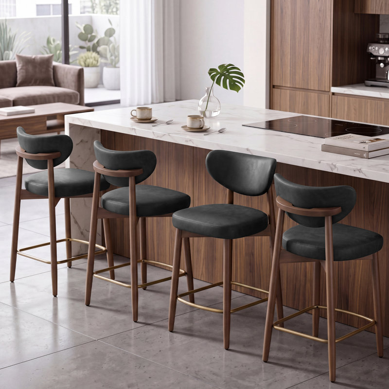 Upholstered Counter Stool Solid Wood Bar Stool (Set Of 4), Noir