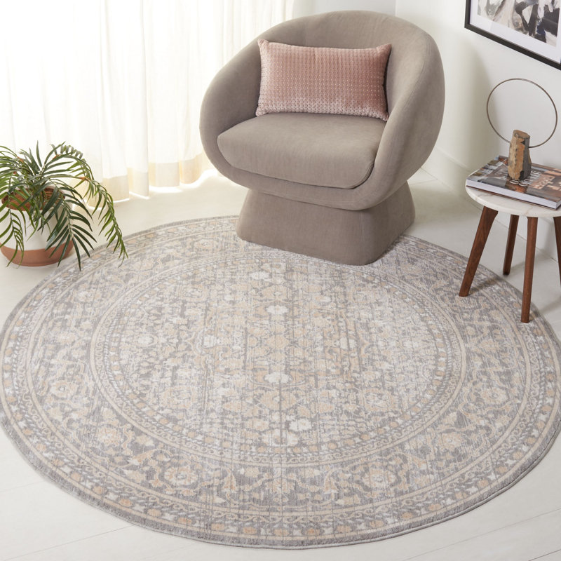 Tapis oriental en polyester tissé à la machine en ivoire / gris, Rond 6 pi 3 po