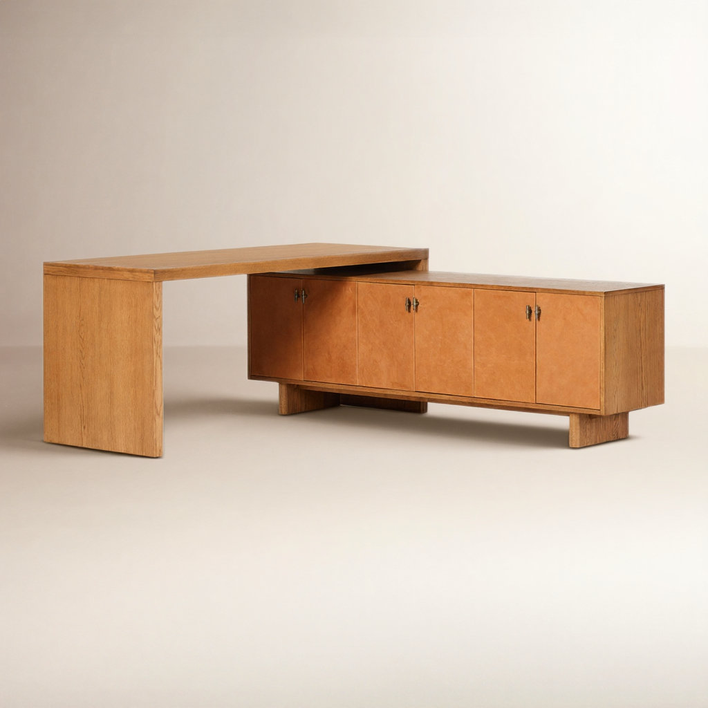 L-Shaped Wood Executive Desk, Amber Oak