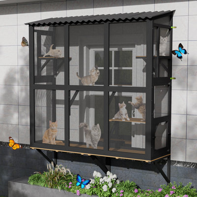 Cat Catio, Cat Window Perch For Large Indoor Cats, Window Box Enclosure With 4 Jump Platforms, Wooden Window Hammock For Multi Kittens, All-weather Use Outdoor Small Pet Perch House