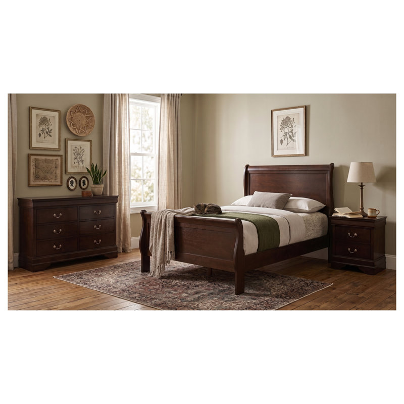 Ensemble de chambre à coucher Henri Charles Cappuccino pour lit simple, comprenant un lit traîneau, une commode et une table de chevet.