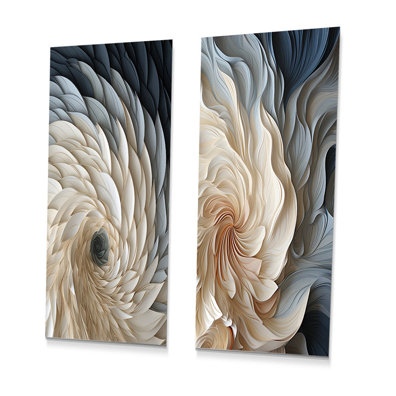 Plume blanche et bleue en spirale I - ensemble de 2 décorations murales géométriques abstraites en métal, H 32 po x l 32 po