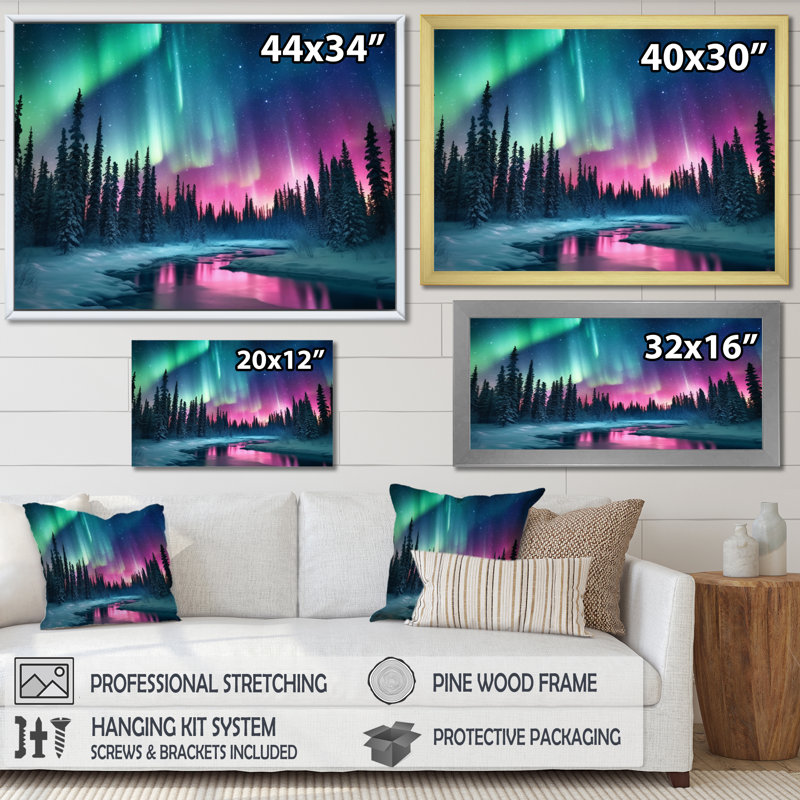 Northern Lights In Alaska II - Alaska, art mural, H 24 po x l 32 po x P 1 po, Cadre doré simple