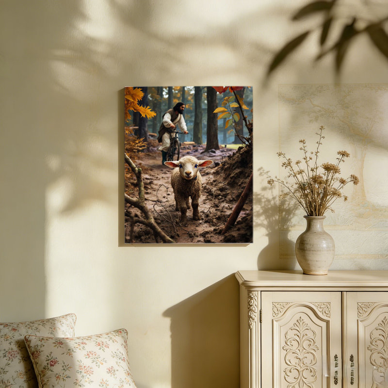 Agneau et motard dans la forêt d'automne, cadre en bois à l'arrière, art mural, 36 L x 24 l