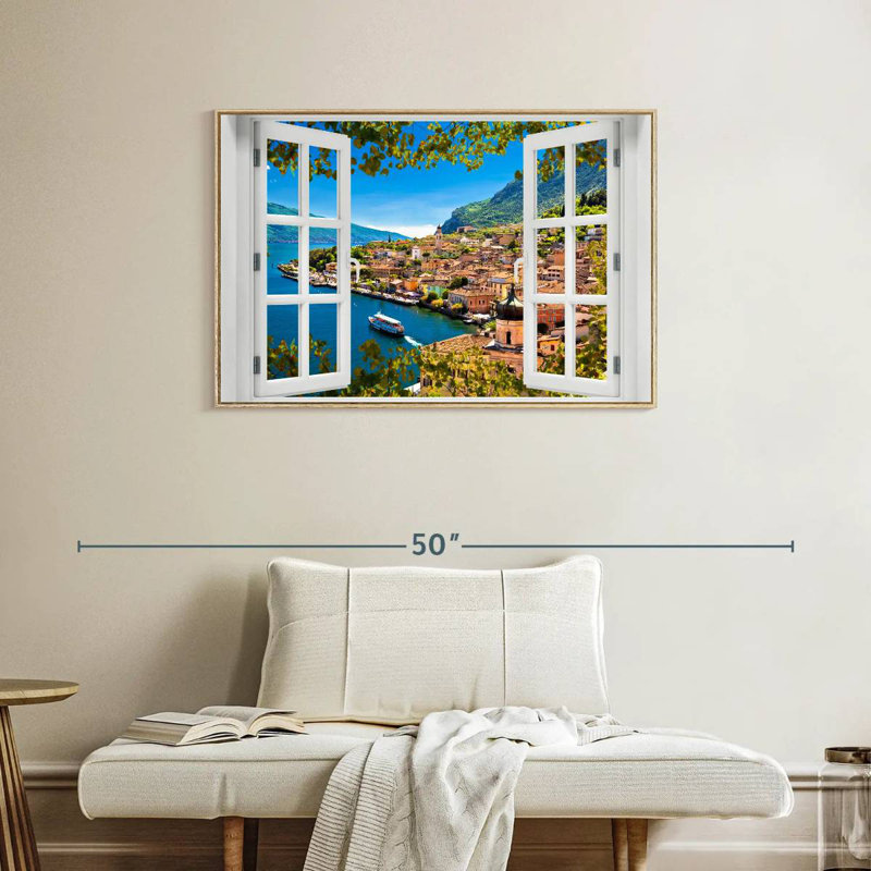 Fenêtre sur Limone Sul Garda, Cadre flottant en bois naturel, 37 po x 25 po