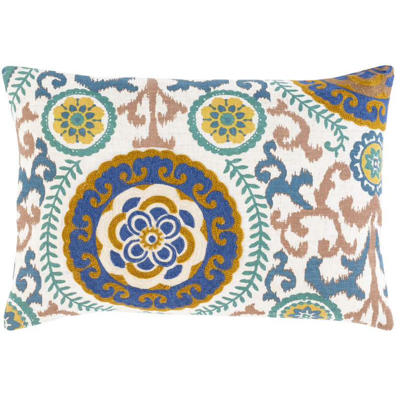 Termez Floral Linen Throw Pillow, Emerald/Dark Blue, Polyester/Polyfill