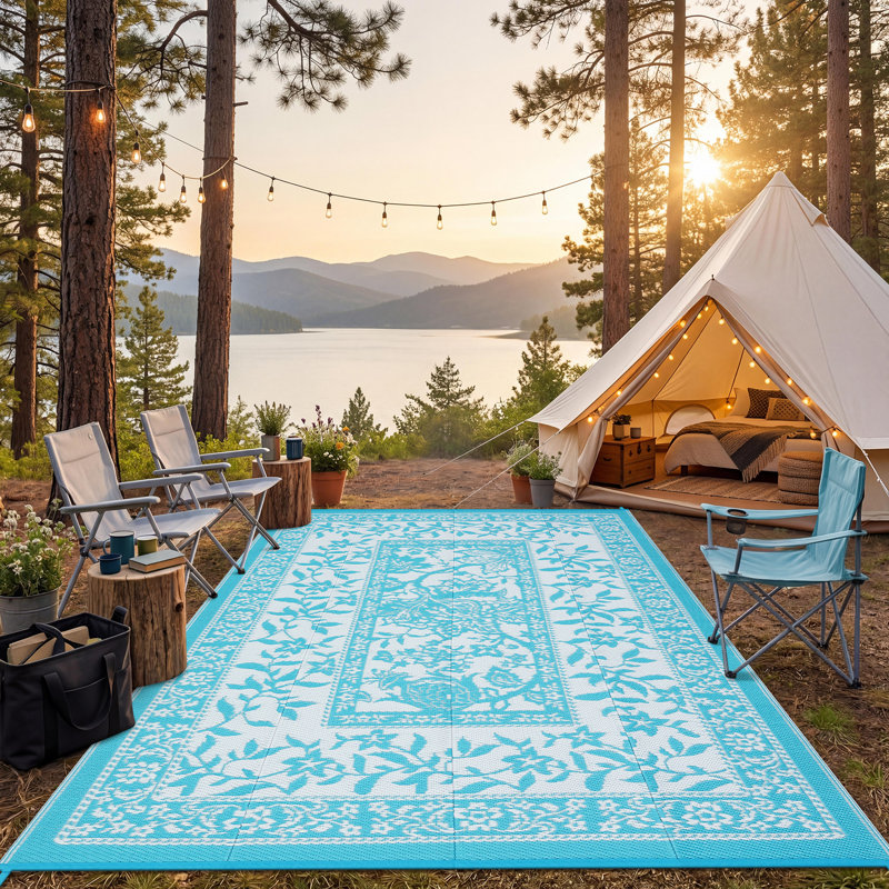 Reversible Floral Outdoor Rug Stain Resistant Waterproof UV Resistant Washable Lightweight Plastic Straw Mat for Patio Backyard Camping Beach