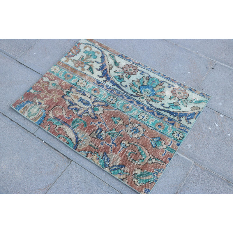 Petit tapis turc Oushak - Tapis rétro pour entrée en laine rouge avec un design minimaliste moderne