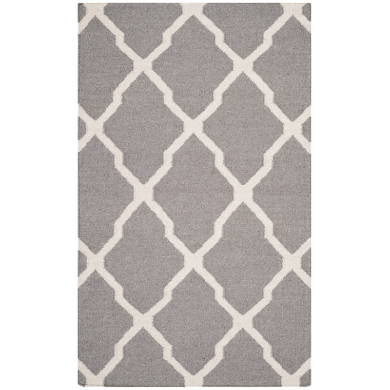 Rodgers Hand Woven Flat Weave Wool/Cotton Geometric Rug in Gray/Black, Rectangle 3' x 5'