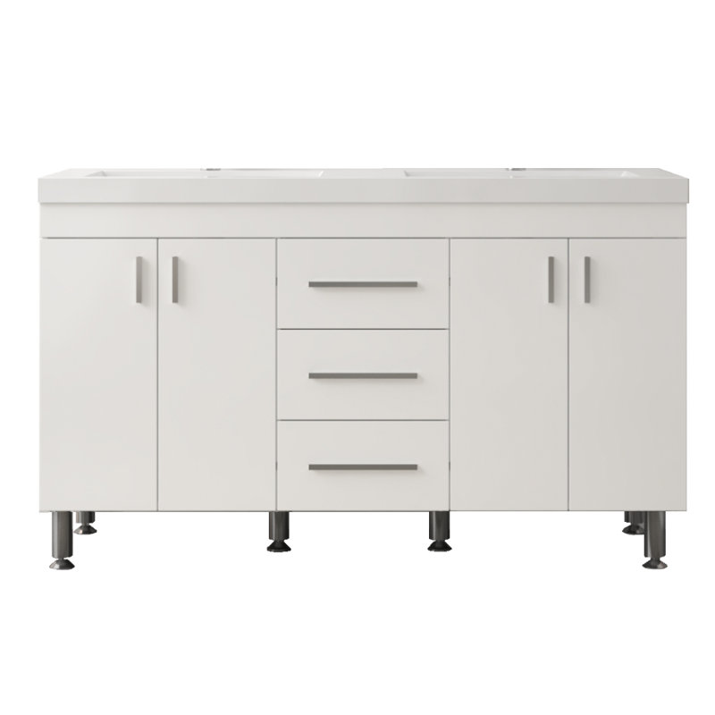 Avalia 60'' Free Standing Double Bathroom Vanity with Solid Surface Top, White