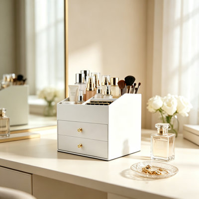 White Faux Leather Makeup Organiser with 2 Drawers, Compact Cosmetic Storage Box for Skincare, Lipsticks & Jewellery, Vanity Organiser for Dressing Tables, 25 x 18 x 21.5 cm