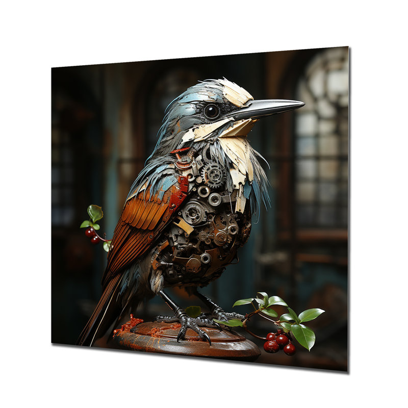 Brown Steampunk Bird I - Art mural en métal, H 36 po x l 36 po x P 1,5 po