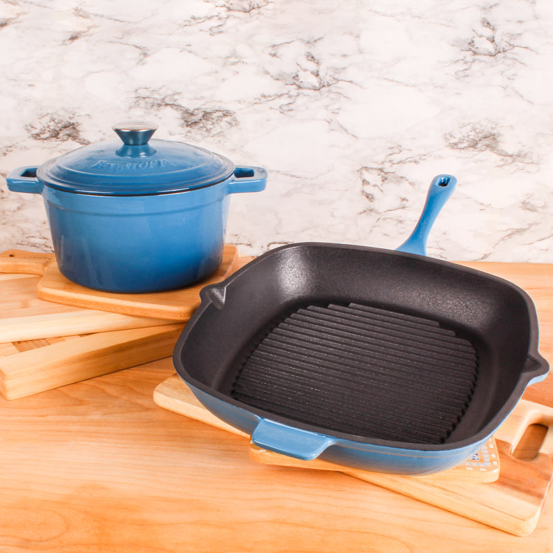 BergHOFF Neo 3Pc Cast Iron Cookware Set with 11" Grill Pan and 3Qt. Covered Dutch Oven, Blue