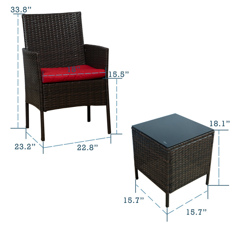 3 Pieces Outdoor Wicker Front Porch Bistro Set Patio Chairs Conversation Set(Burgundy Cushion), Burgundy