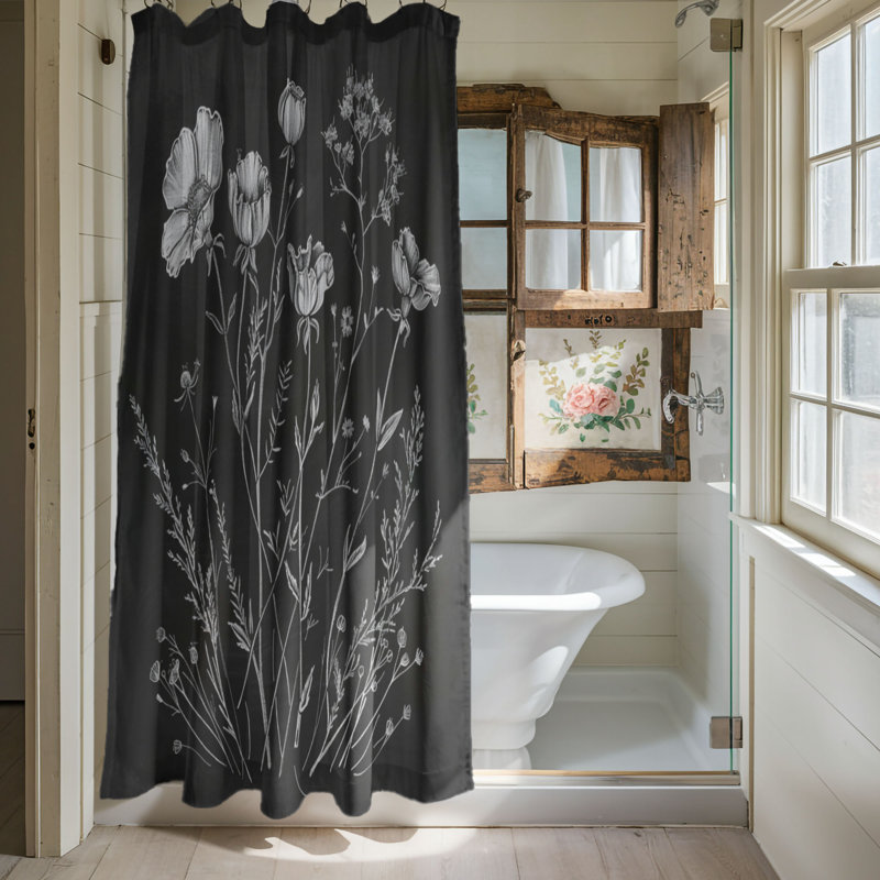 Motif floral noir et blanc - Rideau de douche standard 1 pièce, H 74 po x l 71 po