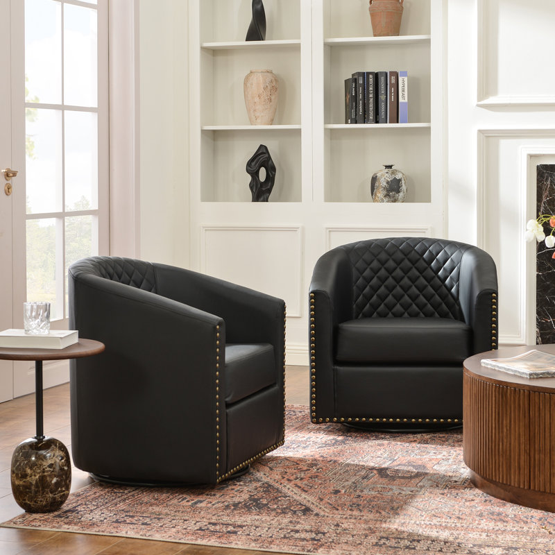 Boney 29" W Water Resistant Faux Leather Swivel Barrel Chair (Set of 2), Black Faux Leather