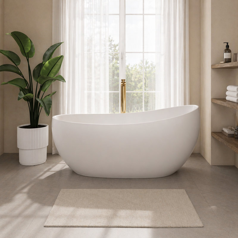Baignoire autoportante asymétrique en résine blanche matte de 63 po avec dossier à motif de lune asymétrique pour un confort ergonomique