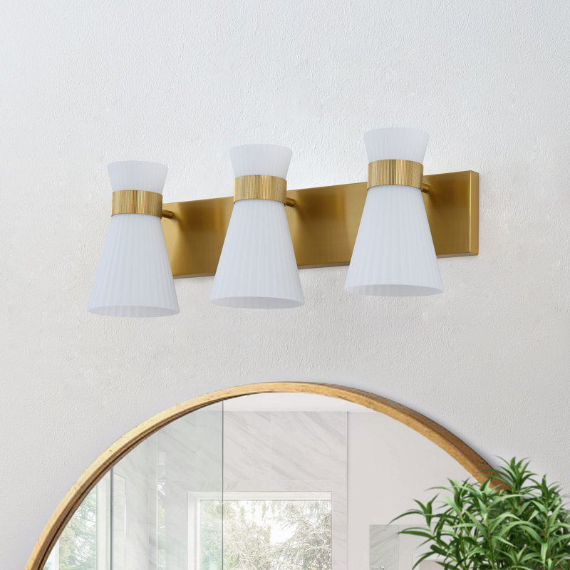 3-Light 3000K LED Vanity Light, Polished gold with glass shade, Dimmable, 24W, ETL Certified