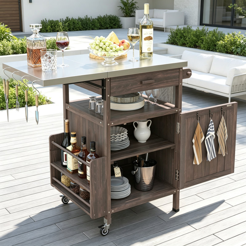 Chariot de barbecue extérieur durable avec plateau en acier inoxydable, rangement en bois massif et abattant pour une utilisation polyvalente