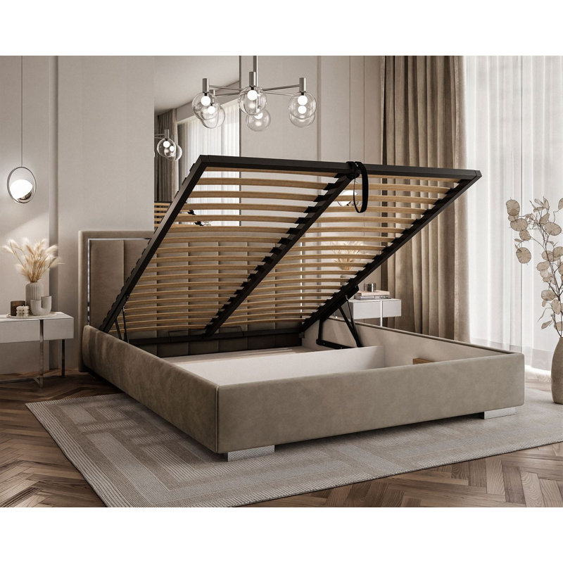 Upholstered Ottoman Bed, Camel, Double (145 x 205 cm)