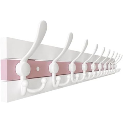 Coastal Wall Mounted Coat Rack - 38-1/8" Beach House Entryway Wooden Coat Hook with 10 Hooks for Hanging Coats, Hats or Towels, Oceanfront Cottage Core Collection, White & Palm Beach Pink
