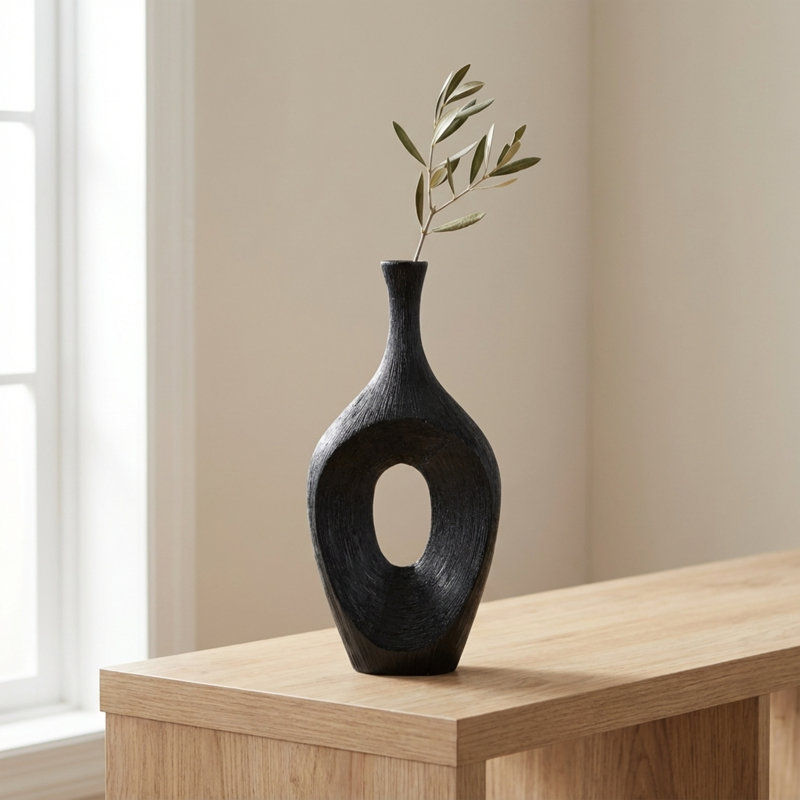 Vannorman Ceramic Sculptural Cut-Out Table Vase , Scratched Black, 19"H x 9"W x 4"D