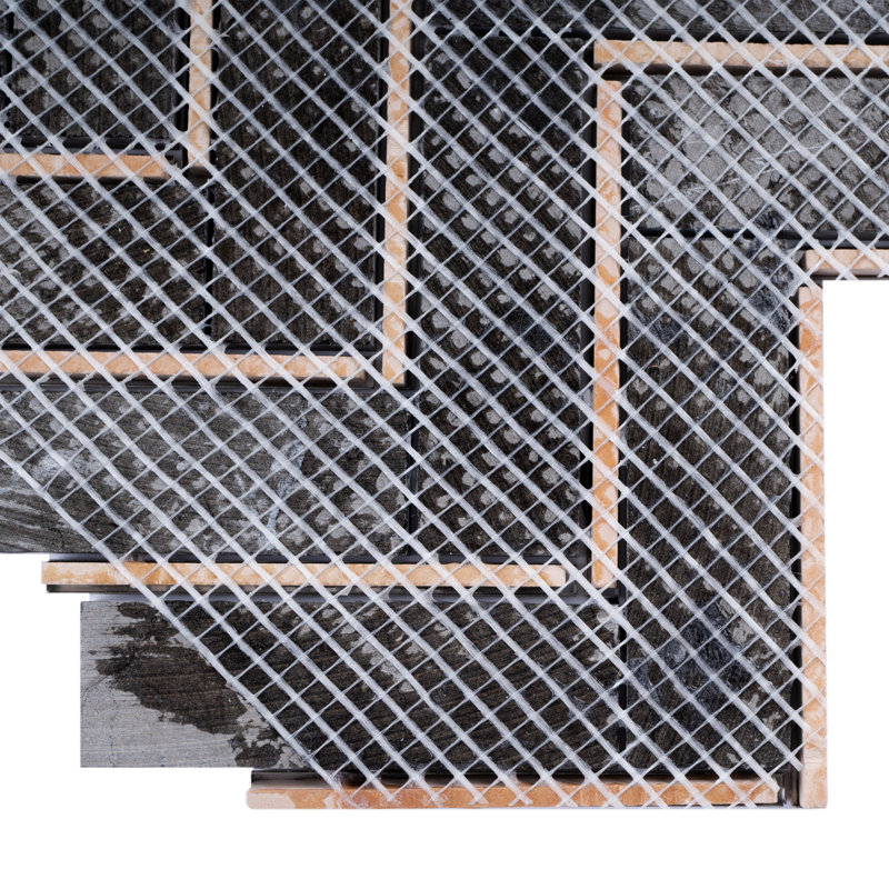 Natural Bianco 1" x 3" Marble Chevron Mosaic Wall Tile, Black/Gold