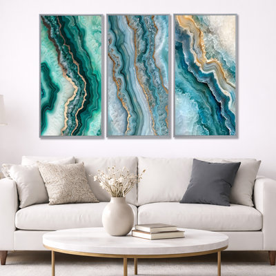 «Agate Dream River III - Green Geode», ensemble de 3 toiles d'art encadrées