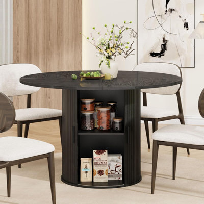 Round Dining Table for 4-6, 47" Circle Kitchen Table with 2-Tier Storage Shelf & Slide Door, Modern Farmhouse Accent Furniture with Striped Base for Kitchen, Dining Room, Black
