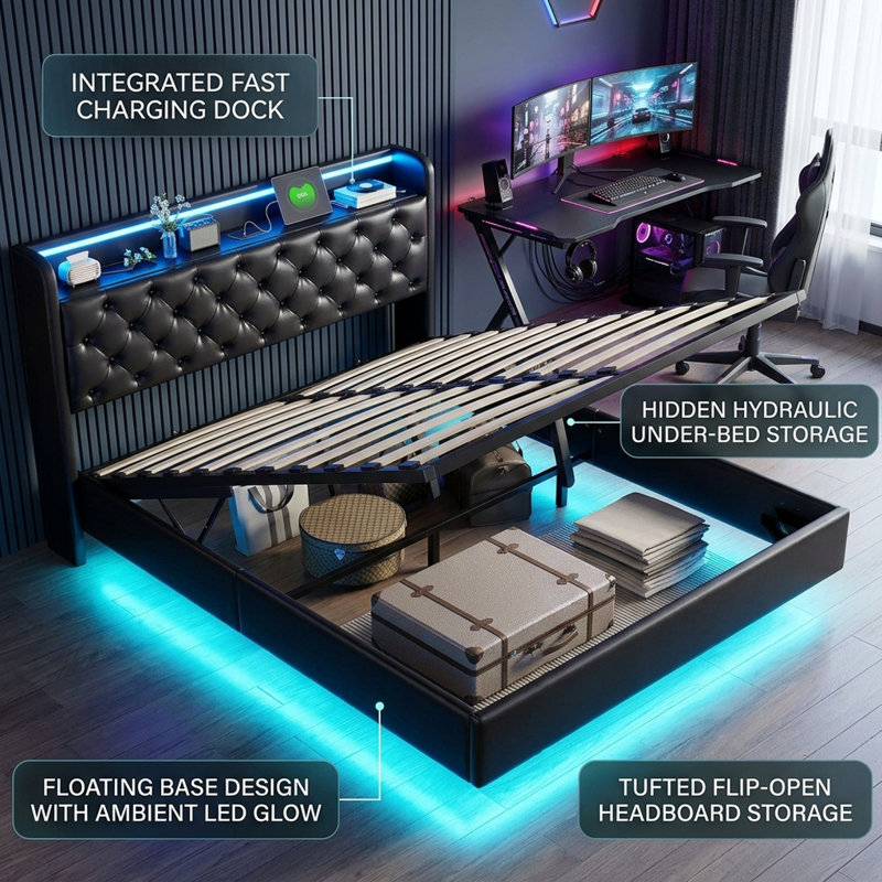 Floating Ottoman Bed With LED Lights & Hidden Headboard Storage, Faux Leather Frame With USB-C, Black, European Double & King Size 