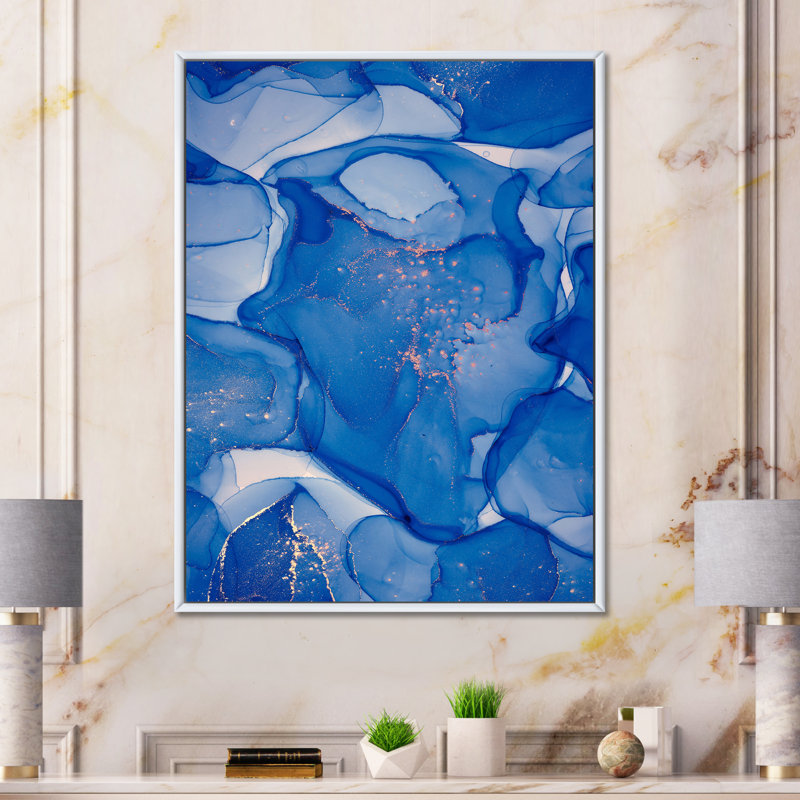 Blue Ink Clouds I - peinture sur toile, Cadre flottant blanc, H 44 po x l 34 po x P 1,5 po